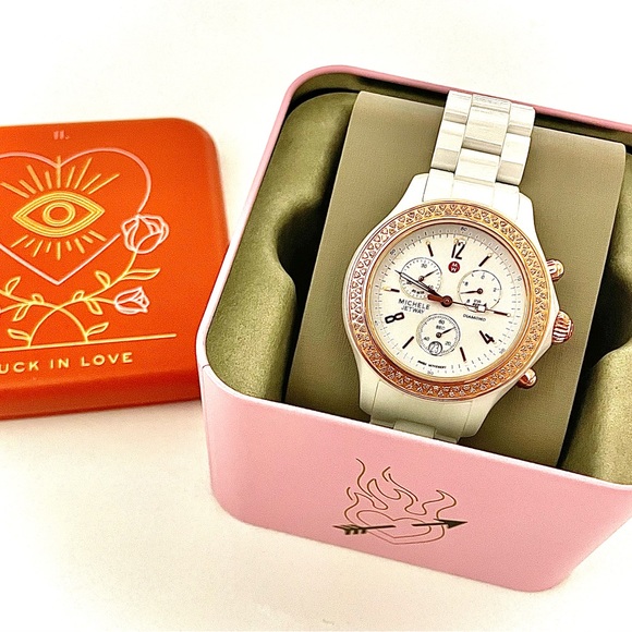 New Rose Gold Michele Diamond Jetway White Ceramic Women's Watch - Picture 1 of 8